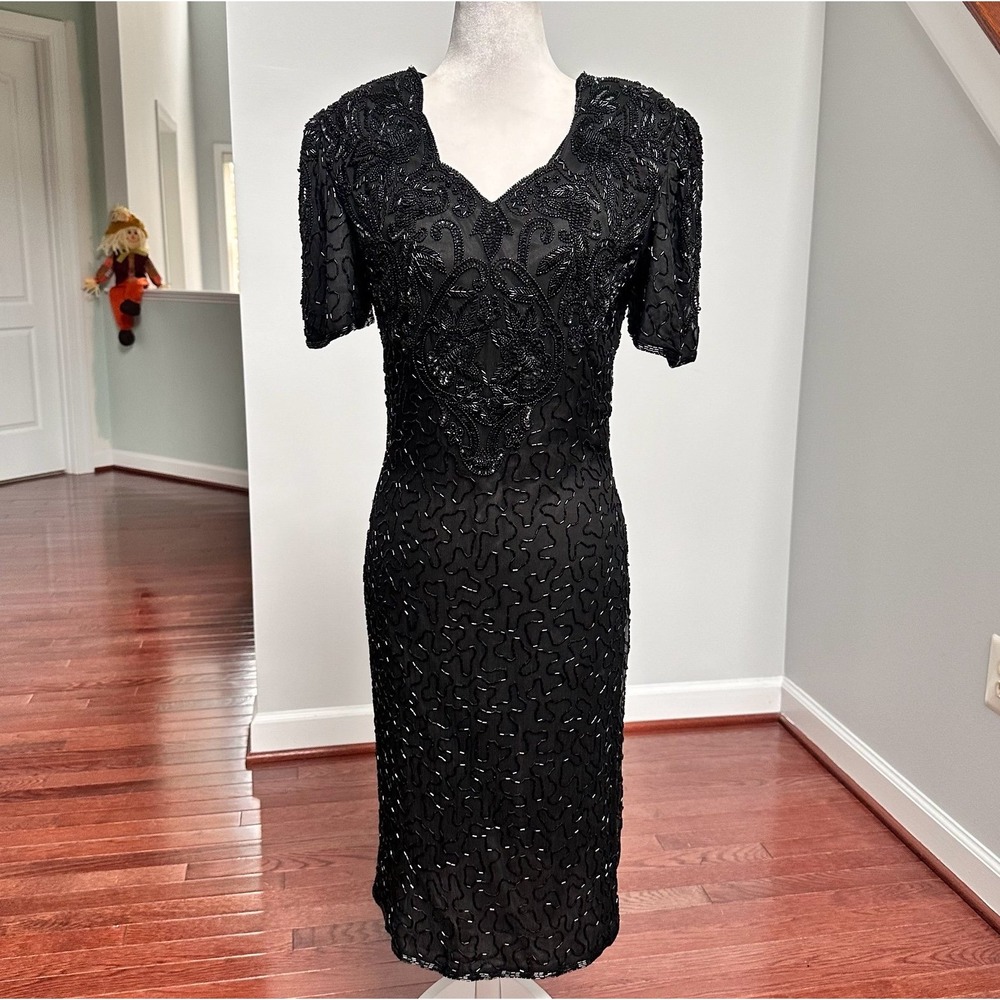 Vintage Silky Nites by Cherish Black Fully Beaded Short Sleeve Cocktail Dress